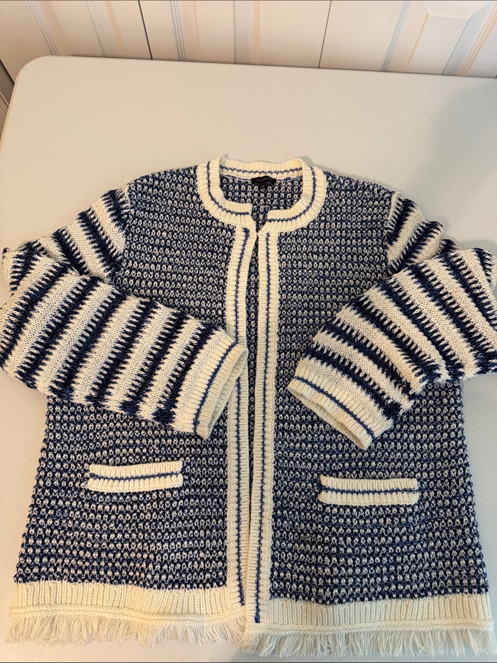 Talbots Navy and Cream Striped Knit Cardigan